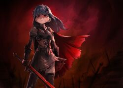 1girl armor blue_hair braid breasts cape closed_mouth commentary earrings english_commentary floating_cape floating_clothes floating_hair gauntlets highres hold111 holding holding_sword holding_weapon idolmaster idolmaster_million_live! idolmaster_million_live!_theater_days jewelry long_hair looking_at_viewer nanao_yuriko outdoors red_cape red_eyes red_sky single_earring skirt sky solo standing sword thighhighs torn_cape torn_clothes torn_thighhighs weapon