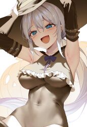 1girl absurdres armpits arms_up bare_shoulders blue_eyes blush bow breasts covered_navel detached_sleeves grey_hair hair_between_eyes hat highres holding i&#039;m_quitting_the_hero&#039;s_party large_breasts leotard looking_at_viewer pepperdevil rania_van_trias sidelocks simple_background smile solo white_background witch witch_hat