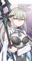 1girl 37kuki770 black_bow black_dress blue_eyes bow breasts dress fate/grand_order fate_(series) gradient_background hair_between_eyes hair_bow highres long_hair long_sleeves looking_at_viewer morgan_le_fay_(fate) polearm ponytail solo spear weapon white_hair wide_sleeves
