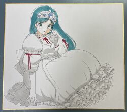 Rule 34 | 1girl, absurdres, aqua hair, circlet, dress, earrings, elbow gloves, frilled dress, frills, full body, gloves, green eyes, hamakawa shuujirou, hand up, highres, jewelry, long hair, looking at viewer, princess melora, red ribbon, ribbon, solo, traditional media, twinbee, watercolor pencil (medium), white dress