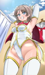 1girl absurdres armpits arms_up ascot blue_sky blush breasts changing_room cleavage clothes_hanger code_geass commission cosplay cowboy_shot detached_sleeves ereka grey_sailor_collar grin highleg highleg_leotard highres large_breasts leotard long_sleeves looking_at_viewer love_live! love_live!_sunshine!! neckerchief no_roof pilot_suit pixiv_commission red_ascot red_neckerchief sailor_collar school_uniform shirt sky smile solo strapless strapless_leotard summer_uniform thighhighs unworn_shirt uranohoshi_school_uniform watanabe_you white_sleeves white_thighhighs