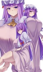 1girl absurdres ascot blunt_bangs bow breasts capelet crescent crescent_hat_ornament dress hair_bow hat hat_ornament highres large_breasts long_hair long_sleeves looking_at_viewer mirufi_(milfiiiiyu) mob_cap patchouli_knowledge purple_dress purple_eyes purple_hair red_bow solo thighs touhou white_background white_capelet yellow_ascot
