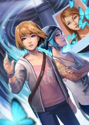 3girls bag beanie black_headwear blue_butterfly blue_eyes blue_hair blue_pants brown_bag brown_hair bug butterfly chloe_price crossed_arms duetlol grey_jacket hat insect jacket life_is_strange_(series) life_is_strange_1 lighthouse max_caulfield multiple_girls open_clothes open_jacket pants photo_(object) pink_shirt polaroid_photo rachel_amber shirt short_hair shoulder_bag sleeveless tank_top white_tank_top