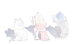 Rule 34 | 3girls, animal ears, arms up, black leggings, black skirt, blonde hair, blue hair, cat ears, cat girl, cat shadow puppet (meme), cat tail, chi kan100, clothes around waist, facing away, from behind, grey jacket, grey shorts, hair ornament, heart, heart hair ornament, hood, hoodie, jacket, kedarui aashii, kimi no koto ga dai dai dai dai daisuki na 100-nin no kanojo, knees up, leggings, leggings under shorts, long hair, long sleeves, meme, multiple girls, nakaji uto, nekonari tama, ohananomitsu high school uniform, ohananomitsu middle school uniform, one side up, pink sweater, pink thighhighs, school uniform, shadow, shirt, shoes, short hair, shorts, simple background, sitting, skirt, squatting, sweater, sweater around waist, tail, thighhighs, white background, white hair, white hoodie, white shirt, white shoes