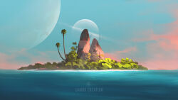 Rule 34 | cambocreation, cloud, dawn, island, landscape, no humans, ocean, original, painterly, palm tree, planet, rock, scenery, sky, tree, tropical, watermark