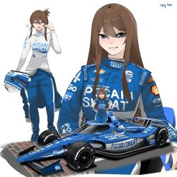 Rule 34 | 1girl, absurdres, blue eyes, blue jumpsuit, breasts, brown hair, car, character request, closed eyes, copyright request, formula one, formula racer, helmet, highres, holeecrab, jumpsuit, long hair, motor vehicle, multiple views, open mouth, pocari sweat, race vehicle, racecar, simple background, smile, solo, spoiler (automobile), sponsor, teeth, vehicle request, white background