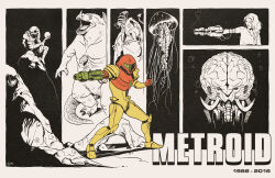 1986 1girl 2016 character_request chozo_statue commentary copyright_name english_commentary extra_eyes green_visor highres jellyfish kraid metroid monochrome_background mother_brain nathan_anderson nintendo samus_aran statue tail wings zero_suit
