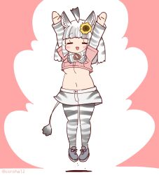 1girl animal_ears animal_print arms_up closed_eyes coroha extra_ears flower full_body grey_hair hair_ornament jumping kemono_friends kemono_friends_3 long_hair mountain_zebra_(kemono_friends) navel pantyhose pink_background scarf shirt shoes shorts simple_background solo tail zebra_ears zebra_girl zebra_print zebra_tail