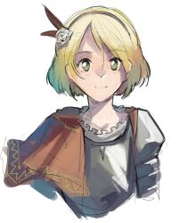 1girl blonde_hair capelet green_eyes hairband highres kornod looking_at_viewer medium_hair original red_capelet shirt solo straight-on upper_body white_background white_shirt