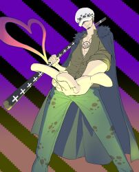 1boy black_hair cape chest_tattoo closed_mouth collared_shirt denim enaka67 facial_hair fur-trimmed_cape fur_trim goatee hand_tattoo hashtag-only_commentary hat hat_over_eyes heart highres holding holding_sword holding_weapon jeans male_focus one_piece pants shirt short_hair sideburns smile solo sword tattoo trafalgar_law weapon