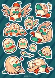 &gt;_&lt; absurdres artist_name beak bird bow bowtie brown_eyes cakehcr chinese_commentary closed_eyes commentary_request creatures_(company) feathers food fruit game_freak gen_7_pokemon green_background green_bow green_bowtie head_tilt heart highres leaf looking_at_viewer lying matryoshka_doll multiple_views nintendo notice_lines on_back on_stomach one_eye_closed open_mouth outline owl pillow pokemon pokemon_(creature) pokemon_focus rowlet sleeping striped_background white_outline