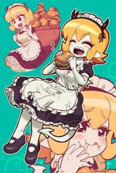 1girl apron aqua_background black_dress blonde_hair burger commentary demon_girl demon_horns demon_tail dress eating elbow_gloves food food_on_clothes full_body gloves highres holding holding_burger holding_food horns maid maid_headdress mary_janes multiple_views original pointy_ears satanmanse sharp_teeth shoes short_hair symbol-only_commentary tail teeth white_apron