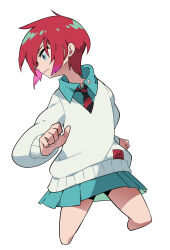 Rule 34 | 1girl, amate yuzuriha, aqua shirt, aqua skirt, commentary, cropped legs, diagonal-striped clothes, diagonal-striped necktie, english commentary, gomipomi, gundam, gundam gquuuuuux, highres, looking to the side, necktie, red hair, school uniform, shirt, short hair, simple background, skirt, solo, striped clothes, sweater, white background, white sweater