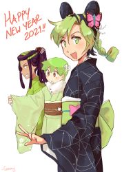 2021 3girls alternate_costume black_hair braid braided_bun braided_ponytail butterfly_hair_ornament double_bun dreadlocks ermes_costello foo_fighters_(jojo) fur-trimmed_kimono fur_trim green_eyes green_hair gummy_(puffaluficus) hair_bun hair_ornament hair_up happy_new_year highres japanese_clothes jojo_no_kimyou_na_bouken kimono kuujou_jolyne multicolored_hair multiple_girls new_year obi ponytail sash short_hair spider_web_print stone_ocean two-tone_hair yellow_eyes