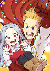 Rule 34 | 1boy, 1girl, arm up, artist name, black pants, blonde hair, blue eyes, blush, bodysuit, boku no hero academia, brown footwear, cape, carrying, carrying person, clenched hand, commentary request, eri (boku no hero academia), gloves, highres, horns, kokko, looking at viewer, open hands, open mouth, pants, red cape, red eyes, red gloves, red overskirt, shirt, signature, single horn, smile, superhero costume, togata mirio, white bodysuit, white hair, white shirt, yellow background