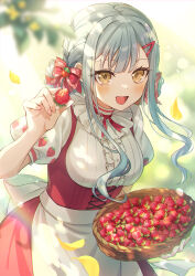 1girl :d apron back_bow bang_dream! bang_dream!_it&#039;s_mygo!!!!! basket blue_hair blurry blurry_background blush bokeh bow breasts center_frills commentary_request cowboy_shot cross-laced_clothes cross-laced_dress depth_of_field dress falling_leaves fingernails food food-themed_hair_ornament food_print frills fruit fruit_basket fruit_print hair_bow hair_ornament hairclip hand_up highres holding holding_basket holding_food holding_fruit iku2727 leaf light_particles long_sidelocks looking_at_viewer medium_breasts neck_ribbon neck_ruff official_alternate_costume open_mouth plaid_bow print_dress puffy_short_sleeves puffy_sleeves red_bow red_dress red_ribbon ribbon short_hair short_sleeves sidelighting sidelocks smile solo strawberry strawberry_hair_ornament strawberry_print sunlight sweets_paradise togawa_sakiko two-tone_dress white_apron white_bow white_dress yellow_eyes