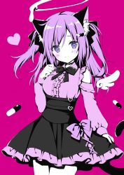 1girl animal_ears arm_cutout black_bow black_bowtie black_choker black_skirt blush bow bowtie breasts cat_ears cat_girl cat_tail center_frills choker closed_mouth commentary cowboy_shot frilled_shirt frilled_skirt frills halo hand_on_own_chest heart heart-shaped_pupils high-waist_skirt highres jirai_kei korie_riko legs_together limited_palette long_hair looking_at_viewer medium_breasts melting_halo original pill pink_background pink_shirt pleated_skirt purple_eyes purple_hair shirt sidelocks simple_background skirt skirt_hold smile solo symbol-only_commentary symbol-shaped_pupils tail two_side_up