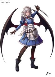 1girl a-xii apron bat_wings black_boots black_bow blood blood_on_clothes blue_dress boots bow braid brown_gloves brown_pants closed_mouth commentary_request dated dress fangs gloves grey_hair hair_bow highres holding holding_knife izayoi_sakuya juliet_sleeves knife long_hair long_sleeves looking_at_viewer maid maid_headdress monsterification pants pointy_ears puffy_sleeves red_eyes signature simple_background skin_fangs slit_pupils solo touhou twin_braids vampire waist_apron white_apron white_background wings