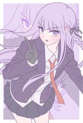 Rule 34 | 1girl, :o, black gloves, braid, brown necktie, danganronpa: trigger happy havoc, danganronpa (series), gloves, hair ribbon, hand up, highres, index finger raised, jacket, kirigiri kyoko, long hair, miniskirt, necktie, nyanyamichiaki, pink hair, pleated skirt, purple eyes, ribbon, shirt, skirt, zoom layer