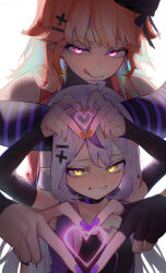 2girls absurdres ahoge backlighting black_horns braid braided_bangs commentary demon_girl demon_horns earrings eyelashes feather_earrings feathers glowing glowing_eyes gradient_hair green_hair grey_hair grin hair_between_eyes hat heart heart_hands height_difference highres hololive hololive_english horns huge_horns jewelry la+_darknesss licking_lips long_hair looking_at_viewer multicolored_hair multiple_girls nail_polish orange_hair pointy_ears purple_eyes purple_hair purple_horns sauce_darusungi shaded_face smile streaked_hair striped_horns takanashi_kiara takanashi_kiara_(1st_costume) tongue tongue_out upper_body very_long_hair virtual_youtuber yellow_eyes