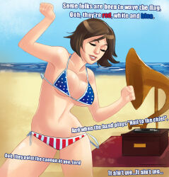 1girl beach bikini bioshock bioshock_(series) bioshock_infinite breasts brown_hair closed_eyes dancing elizabeth_(bioshock_infinite) english_text greenmarine medium_breasts phonograph swimsuit