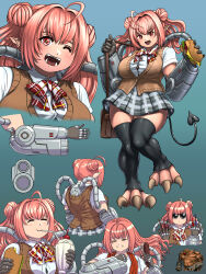 1girl ahoge black_tail bow bowtie breasts brown_vest cyborg demon_girl demon_tail detached_leggings doom_(series) doom_ii double_bun fangs fewer_digits grey_skirt gyaru hair_bun highres large_breasts long_hair mancubus miniskirt one_eye_closed personification pink_hair plaid_bow plaid_bowtie plaid_clothes plaid_skirt pleated_skirt pointy_ears red_eyes school_uniform shirt skirt substance20 sunglasses tail vest white_shirt