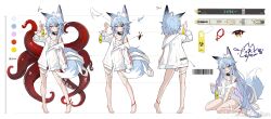 1girl absurdres animal_ears anklet arknights barcode barefoot bell between_legs biohazard_symbol blue_hair color_guide colored_inner_hair extra_ears flat_chest fox_ears fox_girl fox_tail full_body hand_between_legs height highres holding holding_own_hair infection_monitor_(arknights) jewelry jingle_bell long_hair long_sleeves lyran material_growth medium_hair multicolored_hair naked_shirt name_tag no_pants off_shoulder open_clothes open_shirt orange_eyes original oripathy_lesion_(arknights) pointy_ears purple_hair reference_sheet sarashi see-through_silhouette shirt short_hair sitting sleeves_past_fingers sleeves_past_wrists tail tears tentacles two-tone_hair very_long_hair wariza white_shirt