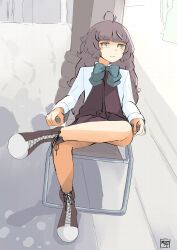 Rule 34 | 1girl, ahoge, alternate hair length, alternate hairstyle, boots, bow, brown dress, brown hair, chair, collared shirt, crossed legs, dress, dress shirt, full body, grey bow, halter dress, halterneck, highres, kantai collection, kishinami (kancolle), lace-up boots, long hair, no legwear, shirt, sitting, solo, toplow, white shirt, yellow eyes