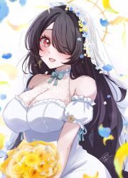 1girl alternate_costume bare_shoulders black_hair blue_archive blush bouquet breasts cleavage cross cross_earrings dress earrings flower hair_over_one_eye highres hinata_(blue_archive) holding holding_bouquet jewelry large_breasts long_hair looking_at_viewer midori_oekk open_mouth red_eyes sidelocks solo veil white_dress white_veil yellow_flower