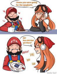 1boy 1girl blue_eyes blush closed_eyes comic condom dodo-bot eating english_text food goggles goggles_on_head grin half-closed_eyes happy headphones heart highres long_hair mario mario_(series) meatball meggy_spletzer nintendo orange_hair pasta smg4 smile spaghetti spaghetti_and_meatballs sunset_paradise super_mario_bros._1