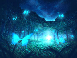 absurdres au_ito bug commentary_request forest glowing_animal grass highres insect moth nature night night_sky no_humans original scenery sky star_(sky) starry_sky tree