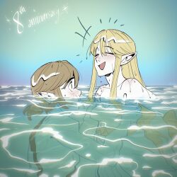 1boy 1girl ^_^ alanisdraws bare_shoulders blonde_hair blush brown_hair closed_eyes collarbone commentary dress emphasis_lines happy hashtag-only_commentary hetero highres link long_hair nintendo open_mouth partially_submerged pointy_ears ponytail princess_zelda short_ponytail sidelocks sleeveless sleeveless_dress smile strapless strapless_dress the_legend_of_zelda the_legend_of_zelda:_breath_of_the_wild water wet white_dress