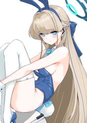 1girl absurdres animal_ear_hairband animal_ears aqua_bow aqua_bowtie armpit_crease blonde_hair blue_archive blue_bow blue_eyes blue_hairband blue_halo blue_leotard blue_shoes blue_streaks blush bow bowtie breasts closed_mouth collar commentary_request detached_collar earpiece earrings expressionless fake_animal_ears fake_tail from_side hair_bow hairband halo high_heels highres hugging_own_legs jewelry large_breasts leotard long_hair looking_at_viewer looking_to_the_side multicolored_hair p.i.t.d playboy_bunny rabbit_ear_hairband rabbit_ears rabbit_tail shoes sideboob simple_background solo straight_hair streaked_hair stud_earrings tail thighhighs toki_(blue_archive) toki_(bunny)_(blue_archive) turning_head very_long_hair white_background white_collar white_thighhighs white_wrist_cuffs wrist_cuffs