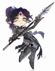 1girl armor artist_name baldur&#039;s_gate baldur&#039;s_gate_3 black_gloves black_hair chibi chibi_only circlet dungeons_&amp;_dragons dungeons_&amp;_dragons elf full_body gloves green_eyes highres holding holding_polearm holding_weapon long_hair looking_at_viewer parted_bangs pauldrons pointy_ears polearm ponytail scar scar_on_face shadowheart_(baldur&#039;s_gate) shoulder_armor simple_background skirt solo spear weapon white_background yy20251111