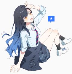 1girl arm_up black_hair black_jacket black_socks blue_hair blue_necktie breasts clothes_around_waist collared_shirt commentary diagonal-striped_clothes diagonal-striped_necktie dress_shirt gradient_hair grey_skirt hair_ornament highres jacket jacket_around_waist long_hair looking_at_viewer medium_breasts mikan_(migwang) multicolored_hair necktie open_mouth orange_eyes plaid_clothes plaid_skirt pleated_skirt project_sekai shiraishi_an shirt shoes skirt socks solo star_(symbol) star_hair_ornament striped_clothes teeth upper_teeth_only white_shirt white_shoes