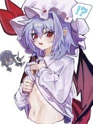 Rule 34 | !?, + +, 2girls, absurdres, bat wings, blue hair, blush, braid, breasts, fang, hair between eyes, hair ribbon, hat, highres, izayoi sakuya, knife, maid headdress, medium hair, mob cap, multiple girls, multiple knives, nari (bikkii), navel, open mouth, pointy ears, red eyes, remilia scarlet, ribbon, shirt, small breasts, stomach, sweat, touhou, twin braids, undressing, vampire, white hair, white shirt, wings
