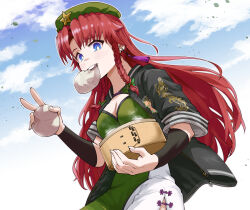 1girl alternate_costume bamboo_steamer steamed_bun beret black_jacket blue_eyes blue_sky braid breast_cutout breasts cleavage cloud commentary day dragon_print food food_in_mouth hat hat_ornament highres holding holding_bamboo_steamer holding_food hong_meiling jacket long_hair looking_at_viewer okeyadeokya open_clothes open_jacket red_hair sky smile solo star_(symbol) star_hat_ornament touhou twin_braids