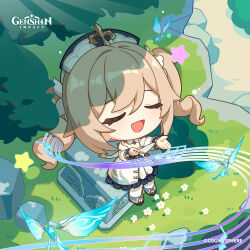 Rule 34 | 1girl, absurdres, barbara (genshin impact), blonde hair, blush, boots, bug, chibi, closed eyes, commentary, copyright name, crystalfly (genshin impact), dot nose, dress, english commentary, flower, from above, genshin impact, hat, highres, holding, long hair, long sleeves, musical note, official art, open mouth, outdoors, pantyhose, puffy long sleeves, puffy sleeves, sitting, solo, star (symbol), sunlight, tree, white dress, white flower, white pantyhose