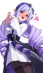 1girl absurdres ascot black_nails black_pantyhose black_skirt blush breasts center_frills commentary dress drill_hair frills hairband hands_up heart highres medium_breasts mky_kmy mole mole_under_eye multicolored_hair open_mouth pantyhose patterned_legwear pointy_ears purple_ascot purple_hair purple_hairband red_eyes shrug_(clothing) simple_background skirt solo steepled_fingers streaked_hair sweatdrop teeth upper_teeth_only vivian_banshee white_background white_dress white_hair white_shrug zenless_zone_zero