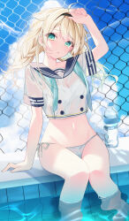 1girl absurdres ahoge aqua_eyes arm_up black_hairband blonde_hair blue_neckerchief blue_sailor_collar blue_sky bottle bra bra_visible_through_clothes braid breasts buttons chain-link_fence cleavage cloud commentary_request cumulonimbus_cloud day double-breasted fence hairband highres hololive kazama_iroha kazama_iroha_(school_uniform) knees_together_feet_apart low_twin_braids medium_breasts medium_hair midriff navel neckerchief no_pants official_alternate_costume official_alternate_hairstyle outdoors panties pool sailor_collar sailor_shirt school_uniform shirt short_sleeves side-tie_panties sitting sky soaking_feet solo swept_bangs twin_braids underwear undone_neckerchief ureinnn virtual_youtuber wet wet_clothes wet_shirt white_bra white_panties white_shirt