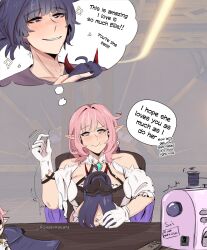 2girls :t absurdres bare_shoulders blue_eyes character_doll elysia_(honkai_impact) gloves highres holding_sewing_needle honkai_(series) honkai_impact_3rd multiple_girls pink_hair pointy_ears purple_eyes raiden_mei raiden_mei_(herrscher_of_thunder) sewing_machine short_sleeves sleepy_kaslana speech_bubble spool thought_bubble upper_body white_gloves