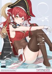1girl absurdres anchor_symbol arrow_through_heart bare_shoulders belt bicorne black_choker black_coat black_hat black_panties black_thighhighs blush breasts brooch brown_belt choker cleavage coat coat_on_shoulders covered_navel cropped_jacket eyepatch frilled_choker frills hair_between_eyes hair_ribbon hat hat_feather heterochromia highres hololive houshou_marine houshou_marine_(1st_costume) jacket jewelry lace lace-trimmed_legwear lace_trim large_breasts leotard leotard_under_clothes long_hair looking_at_viewer miniskirt panties parted_lips pirate pirate_hat pleated_skirt print_eyepatch print_headwear red_eyes red_hair red_jacket red_ribbon red_skirt ribbon see-through_clothes see-through_leotard shirt skirt sleeveless sleeveless_jacket solo thighhighs tojo_aoi twintails underwear unworn_eyepatch virtual_youtuber wet yellow_eyes