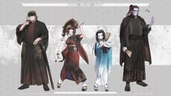 Rule 34 | black hair, blonde hair, blue eyes, brown eyes, calligraphy brush, cane, cape, choko (cup), colored skin, cup, dreadlocks, facial hair, father and daughter, flower, fuuma kotarou, grey skin, hair flower, hair ornament, hair ribbon, hakama, hayakawa-dono, headband, highres, hojo ujiyasu, japanese clothes, kaihime, kimono, long hair, long sleeves, obi, paintbrush, parted bangs, platform sandals, ponytail, racket, red hair, ribbon, sandals, sash, scar, scroll, sengoku musou, shuttlecock, smile, stubble, tabi