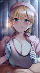 1boy 1girl absurdres belko blonde_hair blue_eyes blush breasts breasts_squeezed_together censored closed_mouth clothed_female_nude_male gloves hair_between_eyes hair_ornament hairclip hat hetero highres large_breasts licking_lips looking_at_viewer mosaic_censoring nude nurse nurse_cap open_clothes original paizuri penis shiny_skin short_sleeves smile solo_focus sports_bra sweat tongue tongue_out white_gloves