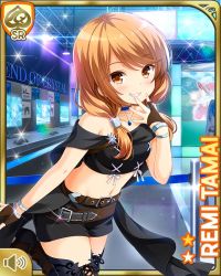 1girl bare_shoulders belt black_shirt black_shorts black_thighhighs boots brown_boots brown_eyes brown_gloves brown_hair card_(medium) closed_mouth day female_focus game_show girlfriend_(kari) gloves grin indoors looking_at_viewer low_twintails naughty_face official_art qp:flapper shirt shorts smile solo standing standing_on_one_leg tamai_remi thighhighs twintails