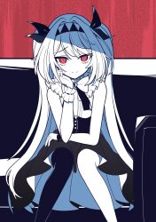 1girl arm_rest asymmetrical_legwear bare_shoulders black_corset black_thighhighs black_wrist_cuffs bow bowtie closed_mouth commentary corset couch dogari elbow_rest frilled_shirt frilled_wrist_cuffs frills furrowed_brow hair_ribbon hairband hand_on_own_cheek hand_on_own_face hand_up highres lilith_(the_noexistencen_of_you_and_me) long_hair looking_at_viewer mismatched_legwear mismatched_wrist_cuffs on_couch pleated_skirt red_background red_eyes ribbon shirt shirt_tucked_in sitting skirt smile solo sweatdrop the_noexistencen_of_you_and_me thighhighs thighs twintails very_long_hair white_bow white_hair white_hairband white_shirt white_thighhighs white_wrist_cuffs wrist_cuffs