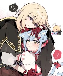 2girls animal_ears animalization aver_(yumenokessho) bang_dream! bang_dream!_it&#039;s_mygo!!!!! black_capelet blonde_hair blue_hair bow capelet cat cat_ears cat_girl cat_tail commentary_request couple dog doloris_(bang_dream!) gloves hair_between_eyes hair_ornament hairclip height_difference highres hug kemonomimi_mode kyou_039 medium_hair misumi_uika multiple_girls open_mouth purple_eyes red_bow red_gloves shirt sidelocks sweets_paradise tail tail_bow tail_ornament translation_request white_shirt yumenokessho yuri