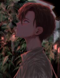 Rule 34 | 1boy, absurdres, curtained hair, floral background, green eyes, highres, jiz (pffbq), looking to the side, male focus, original, profile, rain, red hair, shirt, short hair, upper body, water drop, wet, wet clothes, wet hair, white shirt