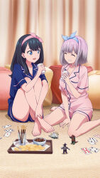 2girls :d ^_^ barefoot black_hair blue_bow blue_eyes blue_hairband blue_pajamas blue_shirt blue_shorts bow bow_hairband bowl breast_pocket card chips_(food) closed_eyes cup disposable_cup food full_body game_cg gridman_universe hair_bow hairband highres holding holding_cup indoors knees_up long_hair looking_at_another multiple_girls official_art on_floor open_mouth pajamas pillow pink_bow pink_hair pink_hairband pink_pajamas pink_shirt pink_shorts playing_card pocket pocky shinjou_akane shirt short_hair shorts sitting sleepover smile ssss.gridman takarada_rikka third-party_source toy tray wariza