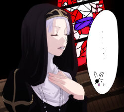 Rule 34 | ..., 1girl, axe assa, black coif, black dress, church, commentary request, cross, cross necklace, dress, grin, indoors, jewelry, juliet sleeves, long sleeves, lowres, mr.romance, necklace, nun, pew, priest (ragnarok online), puffy sleeves, ragnarok online, short hair, smile, solo, spoken ellipsis, stained glass, upper body, white hair, whitemaria